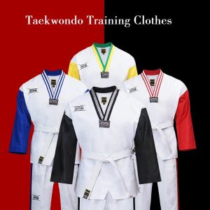 Producten topkwaliteit gekleurd taekwondo -uniform voor volwassen kinderen tieners Poomsae dobok roodblauw zwart tae mwon doen kleding wtf goedgekeurd