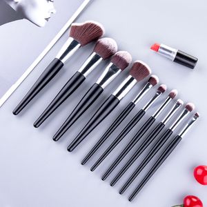 Professionele 10 stks Black Make Up Borstels Set met een lederen tas voor poeder fundering gezicht oogschaduw wenkbrauw lippen cosmetische make-up borstel kit