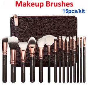 Pinceaux de maquillage Ensemble de 15 pinceaux en or rose + sac Outils de maquillage professionnels pour le visage et les ombres à paupières