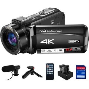 Caméscope vidéo professionnel 4K avec zoom optique 10X, zoom intelligent 120X, 30 MP, 24 FPS, mise au point automatique, caméra de vlogging avec microphone, trépied, écran tactile