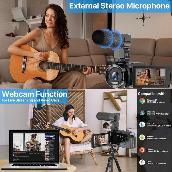 Caméscope vidéo professionnel 5K avec résolution 48 MP, zoom optique 3X, microphone, stabilisateur, télécommande – Parfait pour le vlog YouTube et la photographie