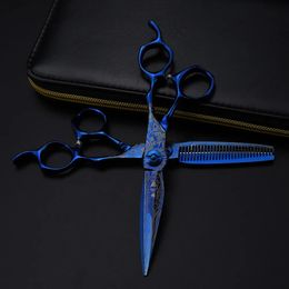 Professionnel 6 ciseaux haut de gamme bleu damas ciseaux à cheveux coupe outils de barbier coupe de cheveux ciseaux amincissants ciseaux de coiffeur 240228