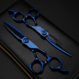 Professionnel 6 '' Ciseaux haut de gamme Bleu Damas ciseaux à cheveux coupe de cheveux amincissement outils de barbier ciseaux de coupe coiffure 240126