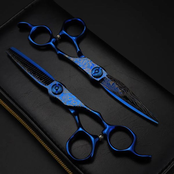 Professionnel 6 ciseaux haut de gamme bleu damas ciseaux à cheveux coupe de cheveux amincissement outils de barbier ciseaux de coupe ciseaux de coiffure 240227