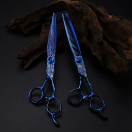 Professionnel 7 bleu damas ciseaux haut de gamme ciseaux de cheveux coupe outils de barbier coupe de cheveux amincissement ciseaux coiffeur 240104