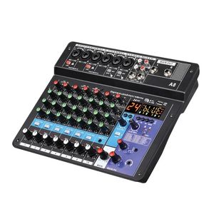 Mélangeur audio professionnel Console de mixage sonore à 8 canaux A8 Prise en charge Bluetooth Interface d'alimentation USB 48 V pour l'enregistrement de fête karaoké 240110