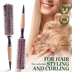 Profesional Black Hog Mane Jabalí Cerdas Redondas Barril de madera Rolling Curling Styling Cepillo para el cabello Hierro Antiestático Rollo Cepillo para el cabello 231225