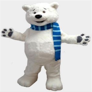 Professionele custom blauwe sjaal Polar Bear Mascot Kostuum cartoon witte beer dier karakter Kleding Halloween festival Party Fanc271N