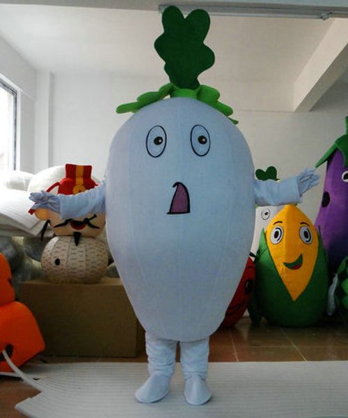 Costume de mascotte de radis personnalisé professionnel, dessin animé de légumes de radis blanc, vêtements de personnage, robe fantaisie de fête d'Halloween de noël