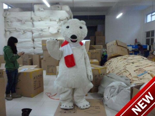 Costume de mascotte d'ours polaire, écharpe rouge personnalisée professionnelle, vêtements de personnage d'ours blanc de dessin animé, robe fantaisie de fête d'halloween