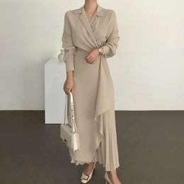 Robe professionnelle robe élégante Vintage longue couleur unie taille costume col bureau robe pour femmes 240126