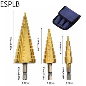 Paso de perforación profesional Paso 3pcs (4-12/4-20/4-32 mm) Flauta recta recubierta de titanio de acero HSS con 1/4 hexagonal