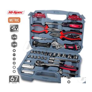 Professionele handgereedschap stelt HisPec 67pc autoreparatiekit Set 1/4 3/8 Mechanische gereedschappen metrisch DIY Socket schroevendraaier Plier in doos H2205 DHian