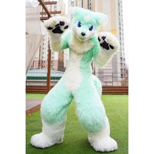 Costume de mascotte Husky professionnel vert blanc noir griffe Canine Animal Fursuit renard chien vêtements à poils longs
