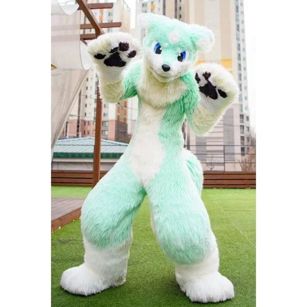 Disfraz profesional de mascota Husky verde blanco negro garra canino Animal Fursuit Fox Hound ropa de pelo largo