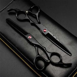 Professionele Japan 440C 5.5 '' 6 Red Gem Black Cut Hair Scissors Snijden Barber Haircut Dunning Shears Hairdressing 220125