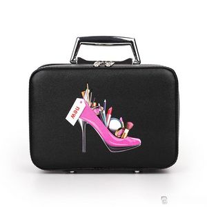 Professionele make -uptas met een hoog hielpatroon draagbare cartoon make -up case lederen schoonheidsbehuiste kofferbak hand vastgehouden coametische tas klassieker