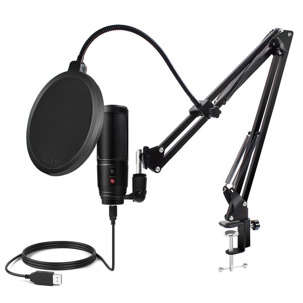 Microphone professionnel à condensateur pour PC, avec suppression du bruit, bouton muet, USB, pour Studio de bureau, PS4, enregistrement de jeux, YouTube