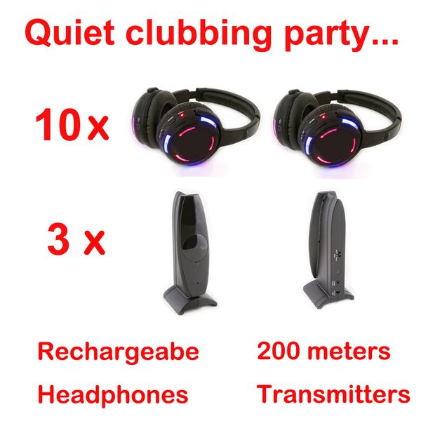 Système de disco silencieux professionnel Écouteur sans fil à LED noir - pack de fête clubbing calme avec 10 casques et 3 émetteurs