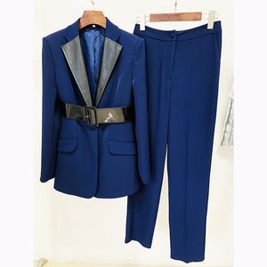 BS166 Chaqueta de traje profesional Ropa de cuello y cinturón Pantalones rectos Conjunto de dos piezas Empalme Bufanda Blazer Lady Office Chaqueta delgada Color sólido con cinturón