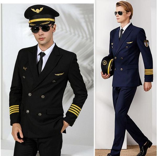 Costumes professionnels chapeau + veste + pantalon vêtements de travail de propriété d'aviation vêtements de vol uniforme de capitaine d'air vêtement de pilote de compagnie aérienne masculin
