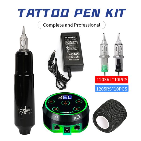 Kit de tatuaje profesional Aurora 2 Pantalla de LED de voltaje ajustable 20 piezas Cartucho de tatuaje Cuerpo de aguja Arte permanente