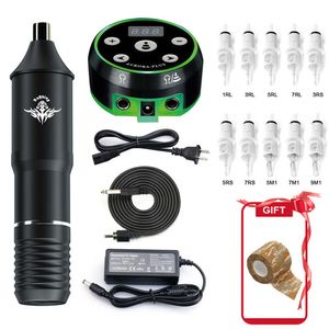 Professionele Tattoo Machine Kit LCD-voeding Roterende pen met cartridges naalden permanente make-up voor artiest 210622