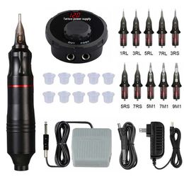 Stylo rotatif de puissance de kit de machine de tatouage professionnel avec des aiguilles de cartouches pour l'approvisionnement permanent de microblading de maquillage 210622