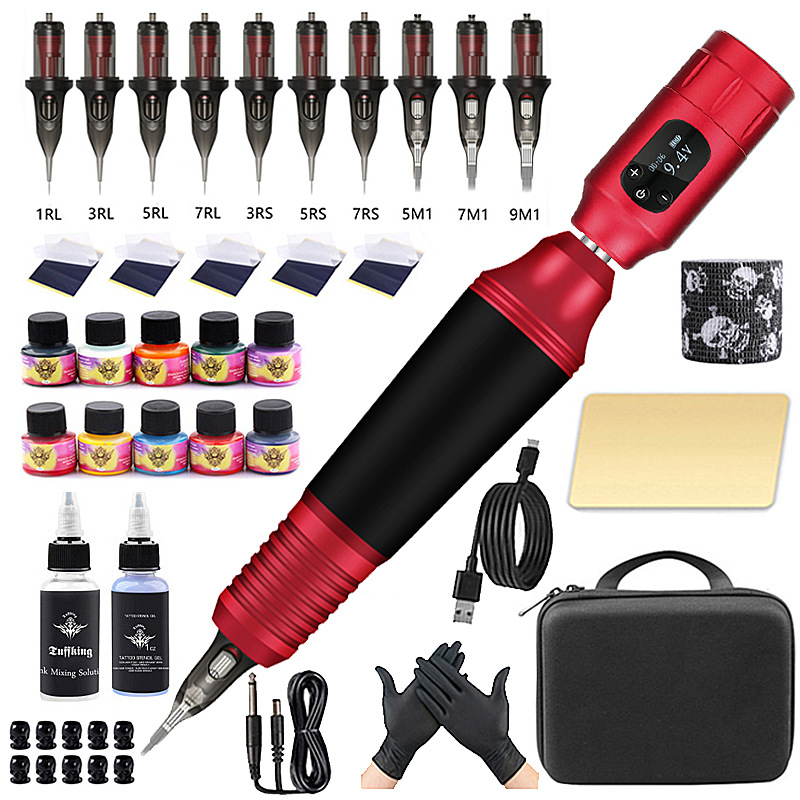 Professionele tattoo machine set roterende tattoo pen kit voeding naald inkt interface roterende tattoo pistool make -up kit compleet