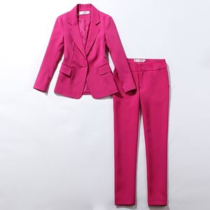 Pantalon de costume pour femmes professionnelles deux pièces de style automne slim Rose rouge rose manches longues dames blazer veste pantalon décontracté 210527