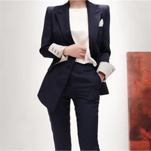 Professionele vrouwen pak broek tweedelige kantoor werk kleding lange mouw gestreepte dames jas temperament broek 210527