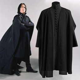 Professor Severus Snape Cosplay Kostuum Hogwartes School Black Cloak Shirts Suits Volwassenen Robe Magic Wand Carnival Party Uniformen X0909