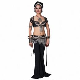 Professal Dancewear Tribal Belly Dance Deskleding 3pcs Choli Top Belt Pants Women Blauwe Kostuum Set broek Kostuum x3rw#