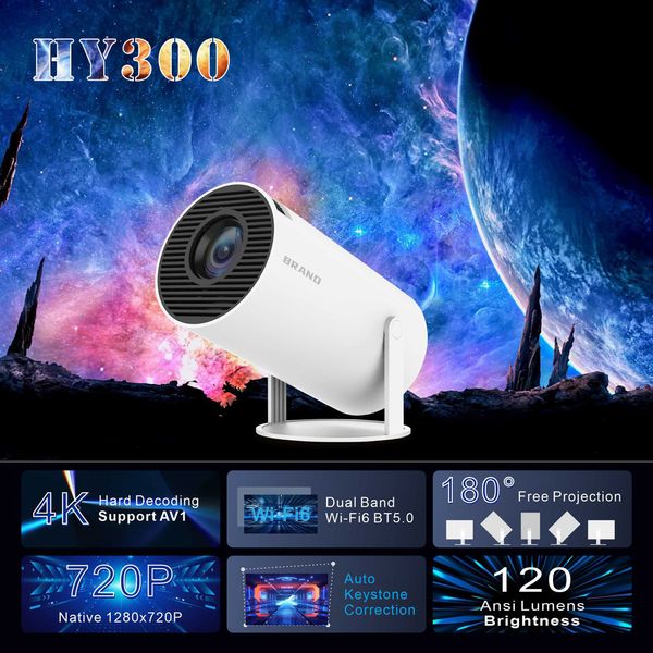 Projecteur HY300 4K Android 11 Dual WiFi6 120 ANSI ALLWINNER H713 BT5.0 1080P 1280 * 720p Home Cinema Outdoor Projetor