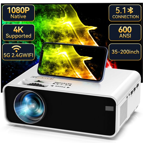 Projecteur avec 5G WiFi Bluetooth, Native 1080p Movie Projecteur Support 4K, Projecteur vidéo, pour HDMI, VGA, USB, ordinateur portable, téléphone Android, salle de réunion du bureau à domicile