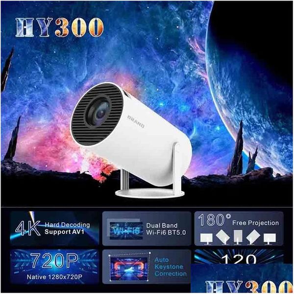 Projecteurs Hy300 Projecteur de cinéma maison 4K HD Android 11 Dual Wifi 6.0 120 Ansi BT5.0 1080P 1280X720P Cinéma extérieur portable Drop D Dhir4