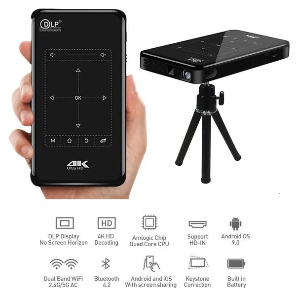 Projecteurs P09 II DLP Mini projecteur portable Android 90 panneau tactile Keystone 4K WiFi Bluetooth Home Cinema vidéo trépied 4000MA 231215
