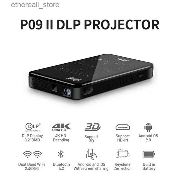 Projecteurs P09 Mini projecteur Portable 3D 4K DLP Android 200 ANSI Lumens Wifi BT Mobile poche vidéo film Smartphone projecteur projecteur Q231128