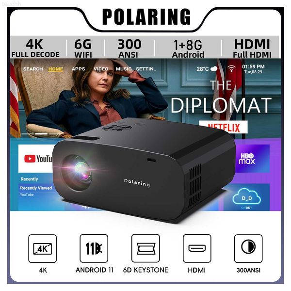 Projecteurs Polaring P7 Projecteur 1080P Android 4K Projetor Dual 6G Wifi 13000 Lumens 300Ansi Cinema Home 6D Keystone Proyector L230923