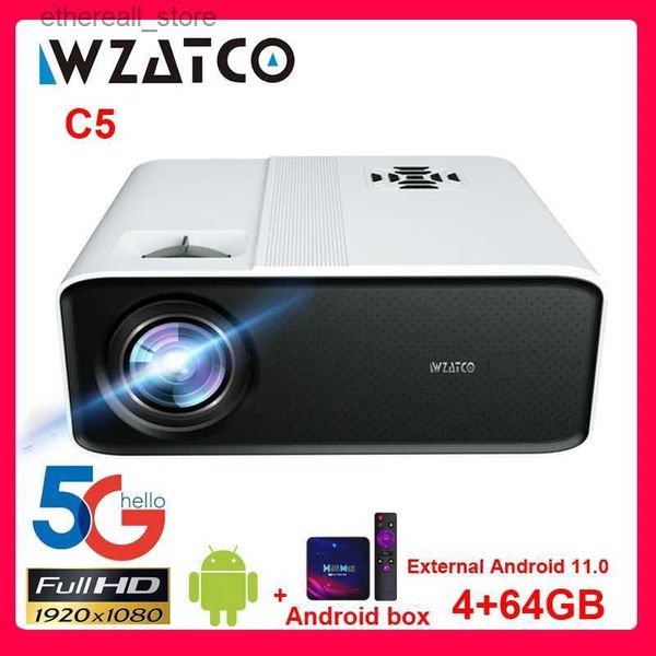 Projecteurs WZATCO C5 Full HD 1080P projecteur LED Portable Android 11.0 64G WIFI projecteur intelligent Home cinéma multimédia lecteur vidéo jeu Beamer Q231128