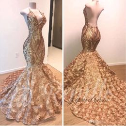 Prom 2019 Afrikaanse jurken goud zeemeermin halter v nek 3d bloemen mouwloze avondjurk lange Arabische Dubai feestjurken bc1335