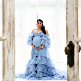 Robes de bal bleues élégantes pour femmes, à volants à plusieurs niveaux, Robes de maternité pour séance photo, pour fête prénatale, Robes de soirée longues, 2022