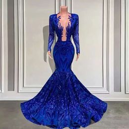 Prom blauwe zeemeermin glitter Afrikaanse koninklijke jurken pure plunging nekpatroon lovertjes kanten applique lange mouwen zwarte meisjes formele feest avondjurken