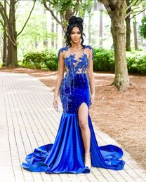 Prom Blue Veet -jurken Crystal kralen Mermaid afstuderen feestjurkzijde Split zwarte meisjes verjaardagsjurk