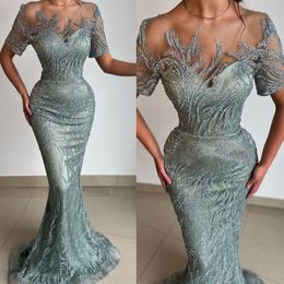 Prom Brilliant Gorgrous Applique Sequins Tulle Mermaid Vestidos de gasa de la noche Vestido de longitud completa del bordado del bordado