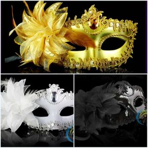 Prom dansende maskers Halloween in aan de zijkant Mardi Mix Bestel Venetiaanse veren halve gezichten oogmaskers met lelie Masquerade Gras Party