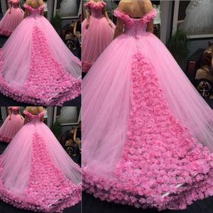 Prom Dress 2020 Luxe 3D Floral Ball Town Off-Shoulder Cathedral Train Quinceanera Jurken Sweety 15 Girls Masquerade Towns