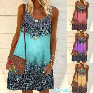 Robe de bal pour femme Femme Été Spaghetti Strap O-Neck A-Line Mini Swing Dress Boho Vintage Coloré Floral Print Loose Beach Cami Sundress