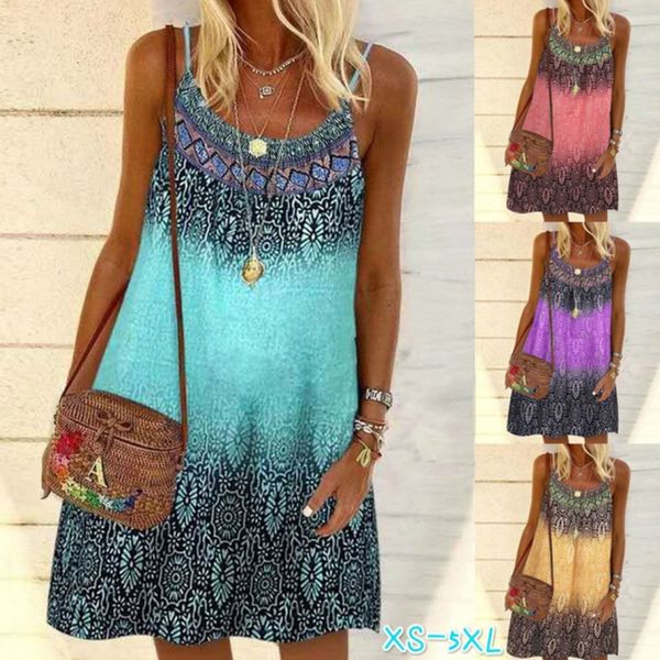 Vestido de fiesta para mujer Mujer Verano Correa de Espagueti O-Cuello Una Línea Mini Vestido Swing Boho Vintage Colorido Estampado Floral Suelto Playa Cami Sundress