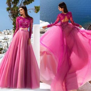 Prom jurk lange mouwen kant tule pure een lijn avondjurken feestjurk formele pageant dragen elegante fuchsia twee stuk